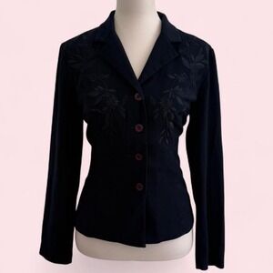 Vintage Plaza South Navy Floral Embroidered Blazer Jacket — Size 8